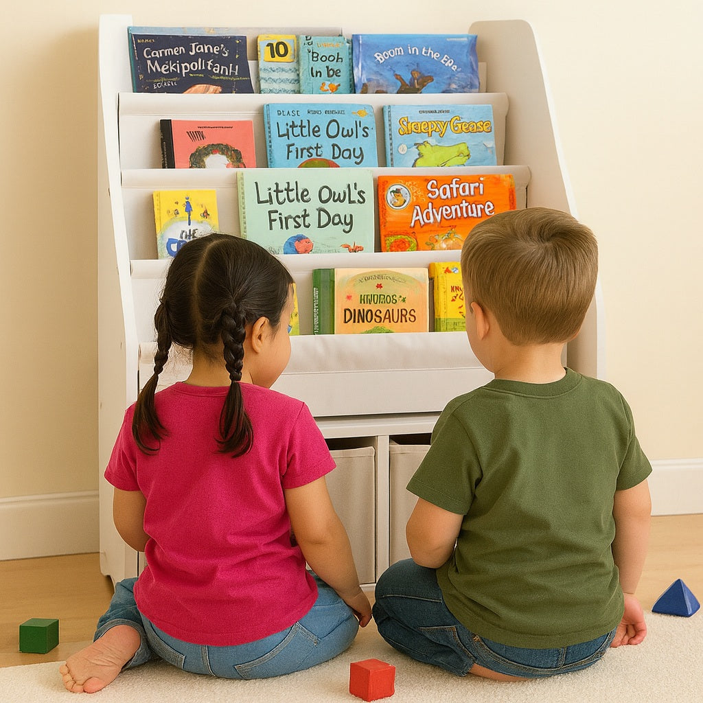 Children's wooden organizer for books and toys with a chest on wheels - WHITE/GREY