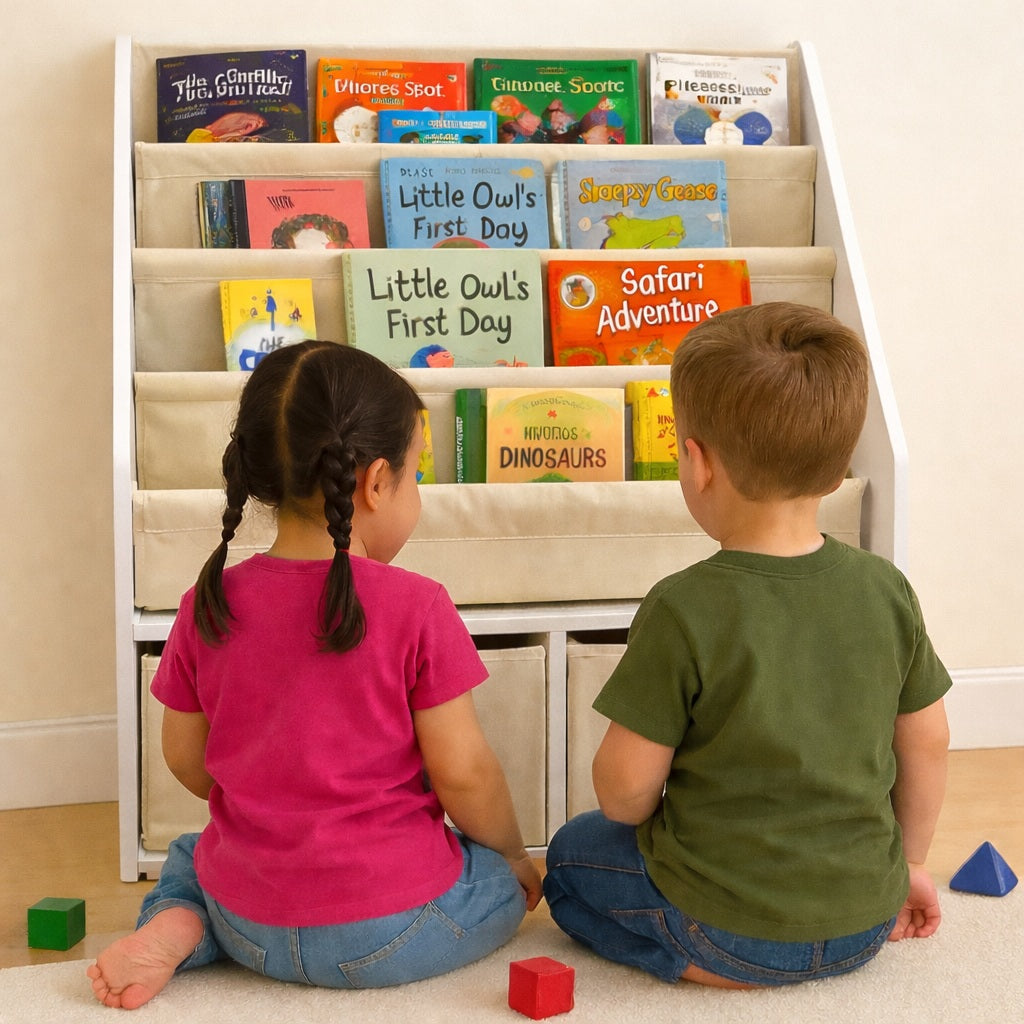 Детски Дървен Органайзер 2 в 1, Етажерка за Книжки и Кутии за Съхранение на Играчки