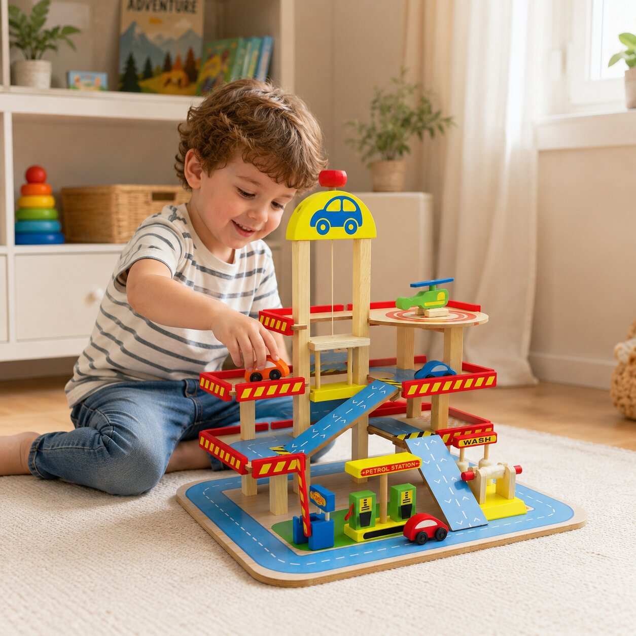 Дете играе с дървен многоетажен паркинг GINGER HOME в детска стая