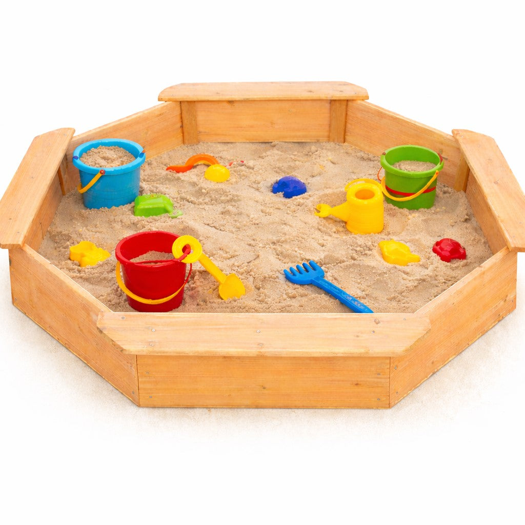 Детски дървен пясъчник GINGER HOME, 8-странен модел с 4 седалки, размер 134.5×134.5 см