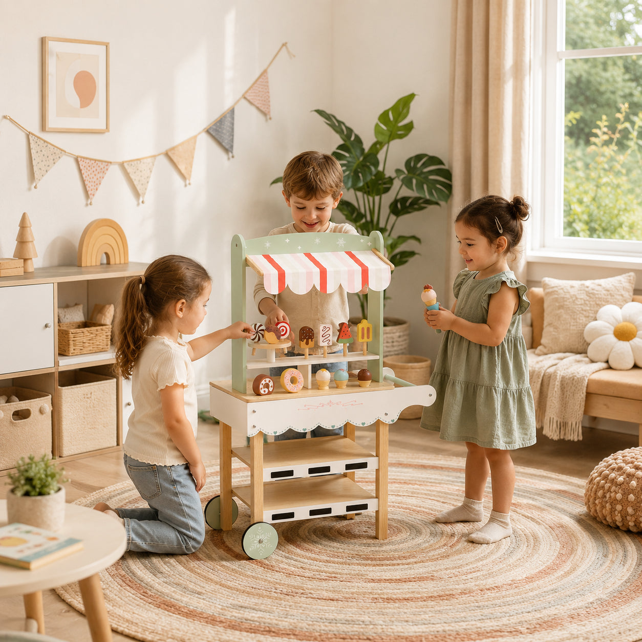 Детски Дървен Щанд за Сладолед GINGER HOME, Магазинче на Колела, MDF, 44/57x28x95.5 см, Монтесори Игра
