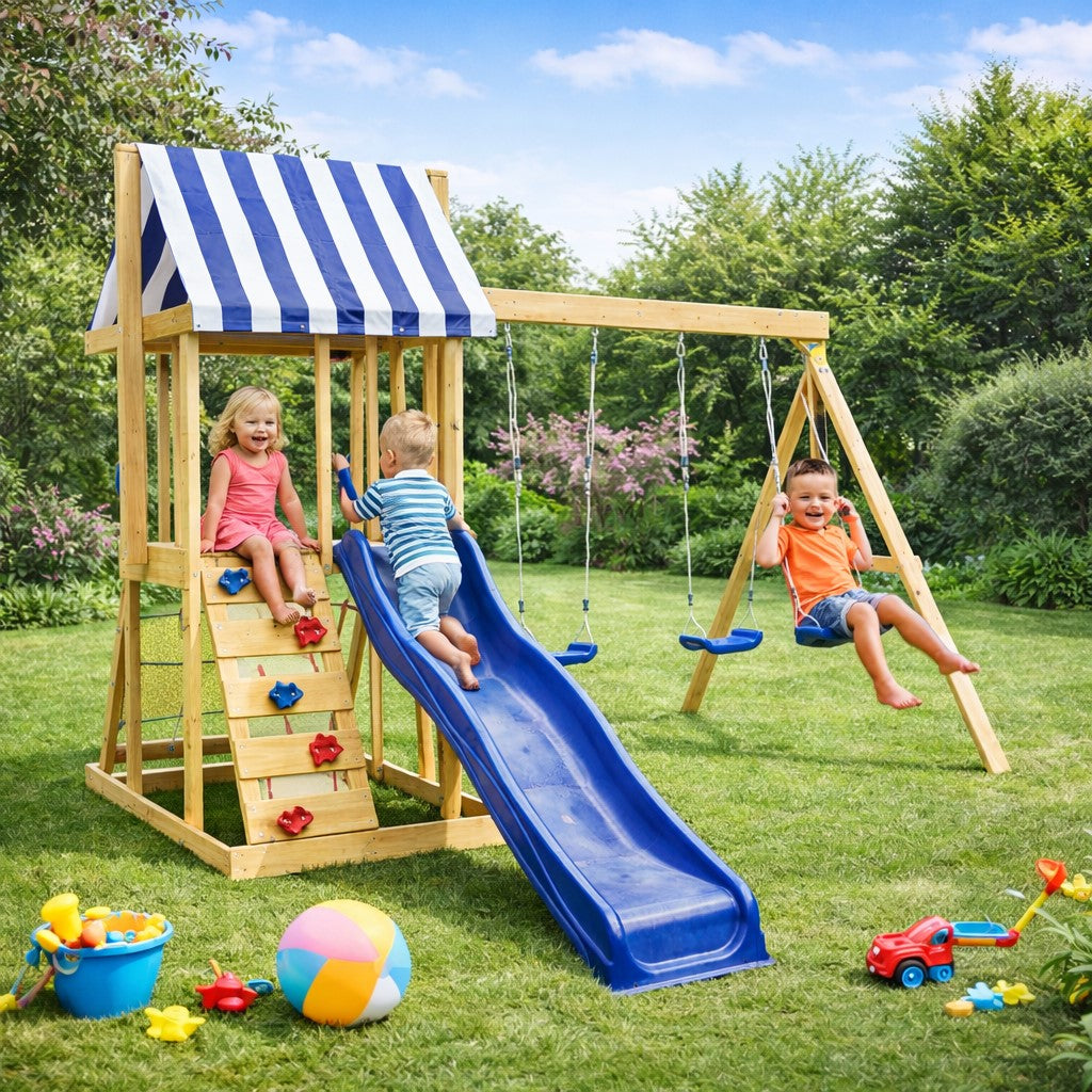 Детски комплект за игра на открито с пързалка и люлки по време на игра