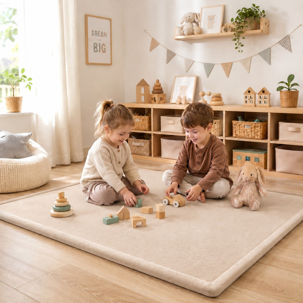 Детски Мемори Килим GINGER HOME LOLLA, 150x200 см, 3,5 см Дебелина, Кадифено Мек Водоустойчив Горен Слой, Мемори Пяна, Противохлъзгаща Основа, Бежов