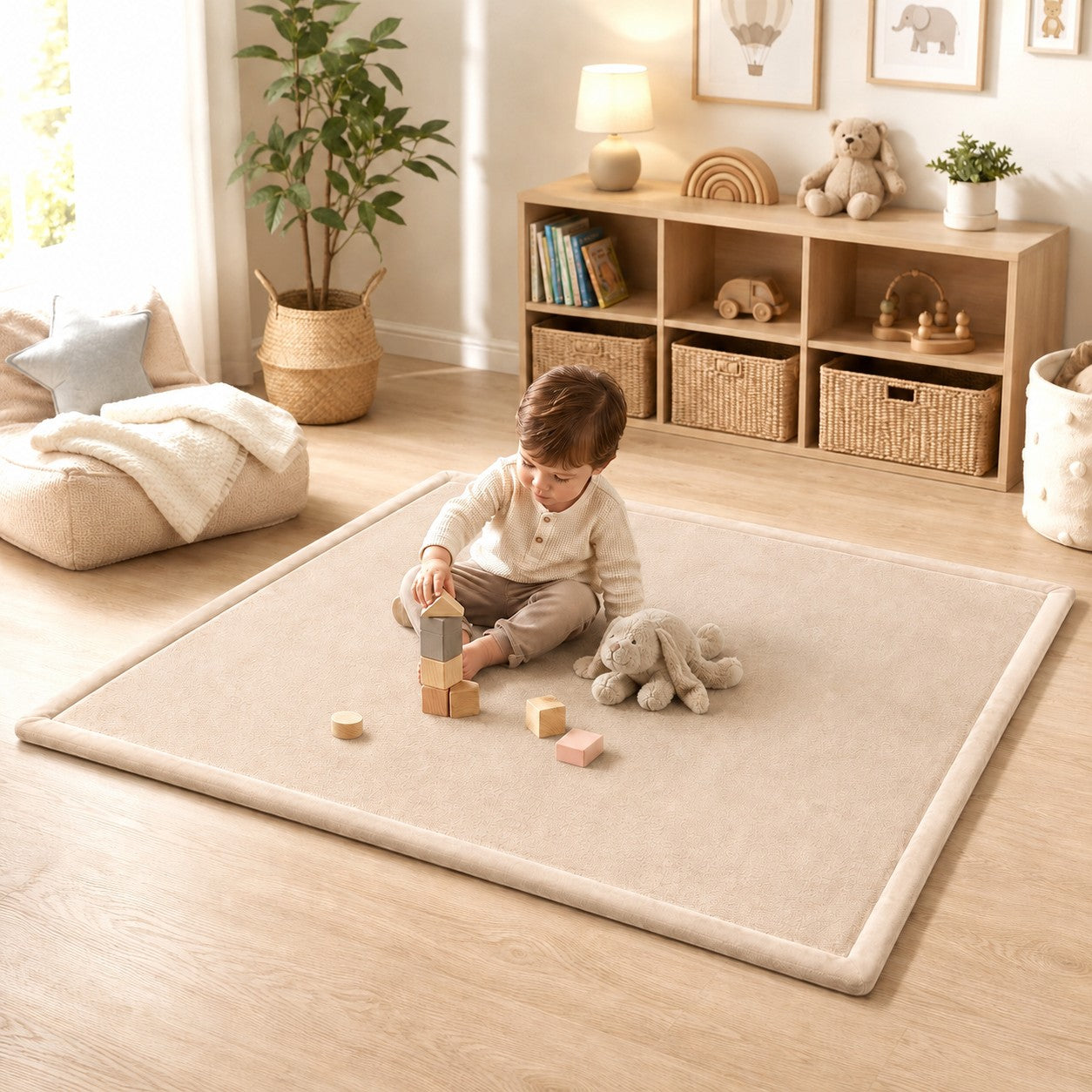 Детски Мемори Килим GINGER HOME LOLLA, 150x200 см, 3,5 см Дебелина, Кадифено Мек Водоустойчив Горен Слой, Мемори Пяна, Противохлъзгаща Основа, Бежов