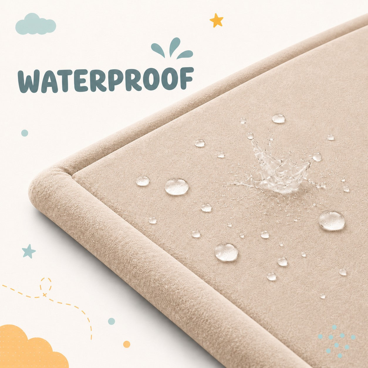 Детски Мемори Килим GINGER HOME LOLLA, 150x200 см, 3,5 см Дебелина, Кадифено Мек Водоустойчив Горен Слой, Мемори Пяна, Противохлъзгаща Основа, Бежов