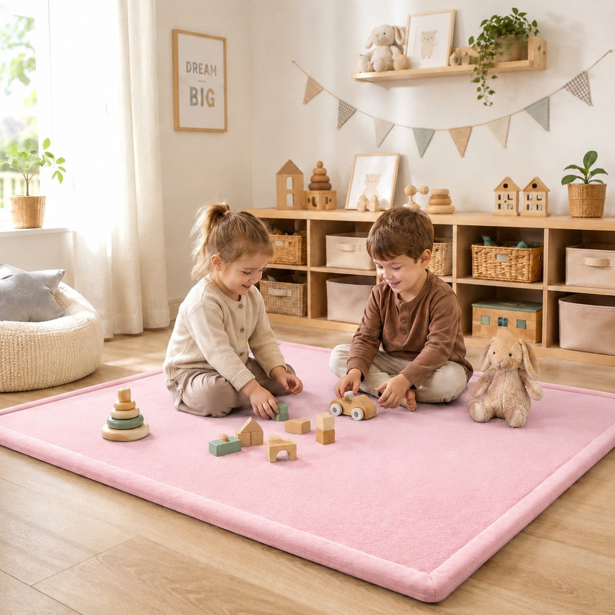 Детски мемори килим GINGER HOME LOLLA в розов цвят, поставен в уютна детска стая с две деца и дървени играчки. 