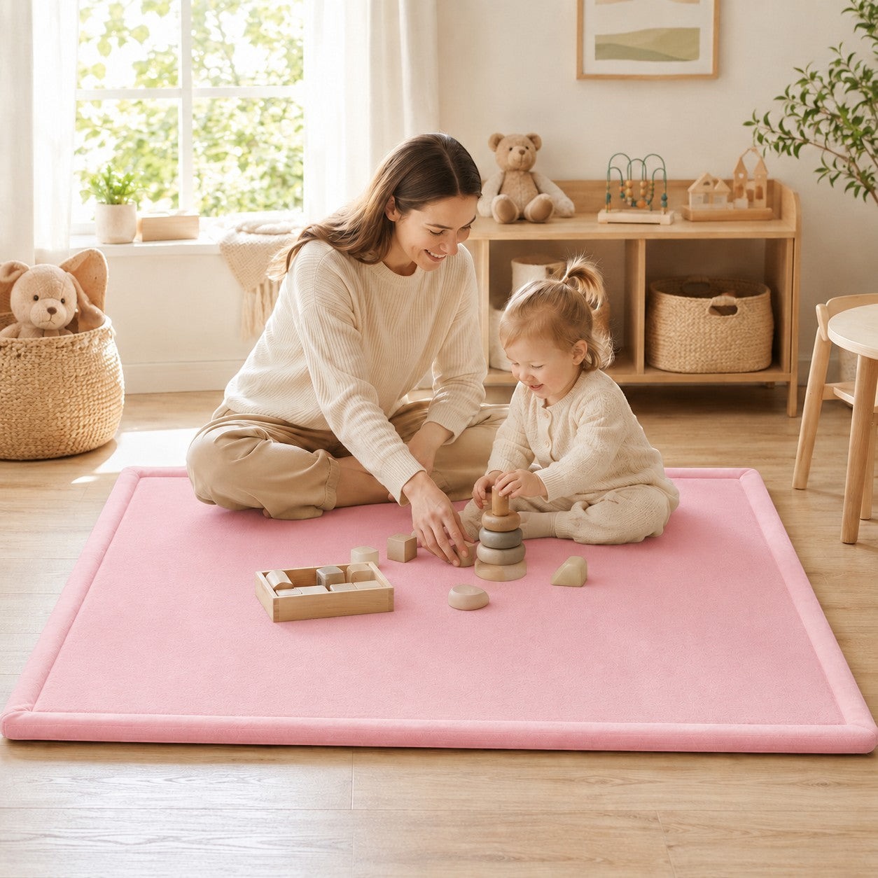 Розов детски мемори килим GINGER HOME LOLLA в детска стая с майка и дете, играещи с дървени играчки. 