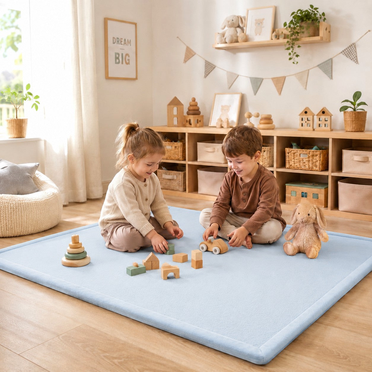 Детски Мемори Килим GINGER HOME LOLLA, 150x200 см, 3,5 см Дебелина, Кадифено Мек Водоустойчив Горен Слой, Мемори Пяна, Противохлъзгаща Основа, Син