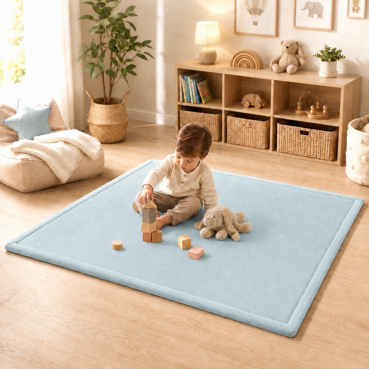 Син детски мемори килим GINGER HOME LOLLA в скандинавска детска стая с дете, играещо с дървени кубчета. 