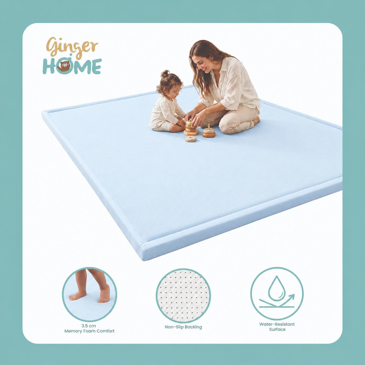 Детски Мемори Килим GINGER HOME LOLLA, 150x200 см, 3,5 см Дебелина, Кадифено Мек Водоустойчив Горен Слой, Мемори Пяна, Противохлъзгаща Основа, Син