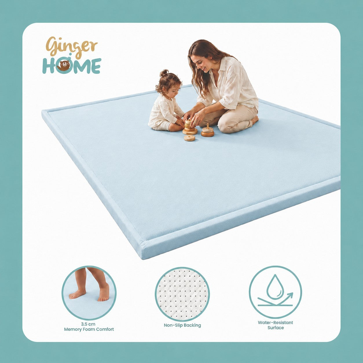 Продуктова инфографика на син детски мемори килим GINGER HOME LOLLA с мемори пяна, противохлъзгаща основа и водоустойчива повърхност. 