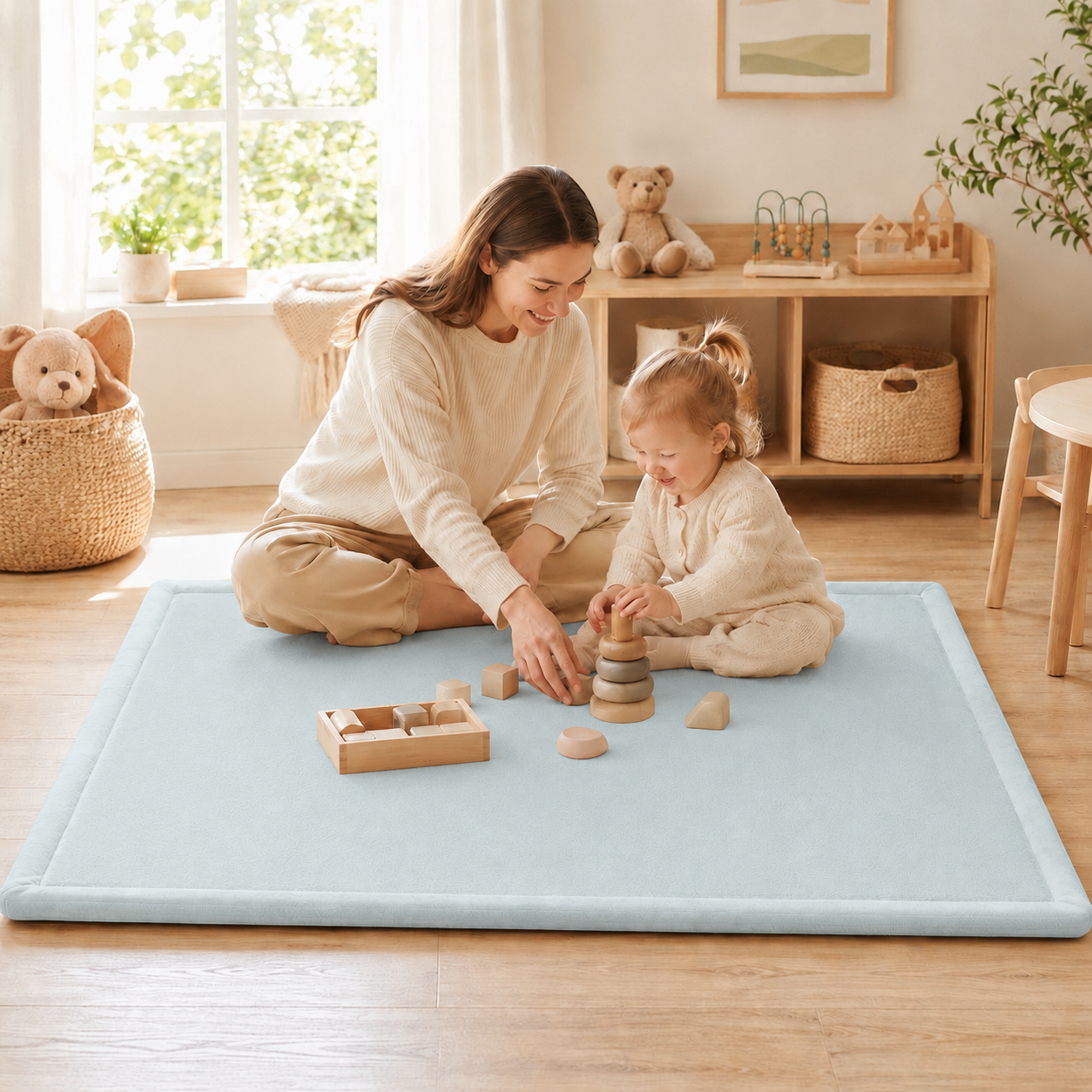 Син детски мемори килим GINGER HOME LOLLA в уютна детска стая с майка и дете, играещи с дървени играчки. 