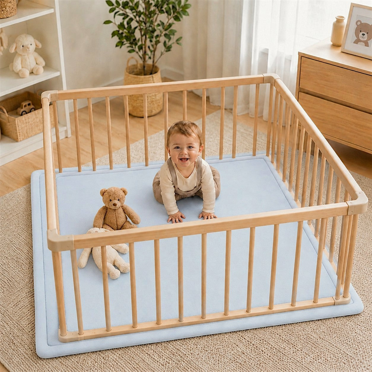 Син детски мемори килим GINGER HOME LOLLA, използван като мека постелка в детски кът за игра. 