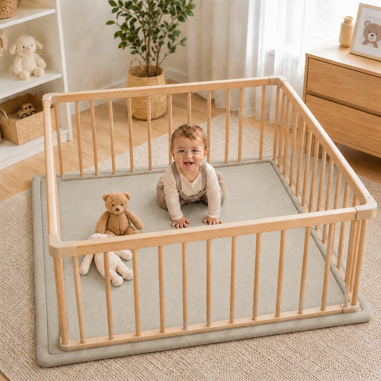 Детски Мемори Килим GINGER HOME LOLLA в бебешка зона за игра, поставен под дървена ограда за безопасно пространство. 
