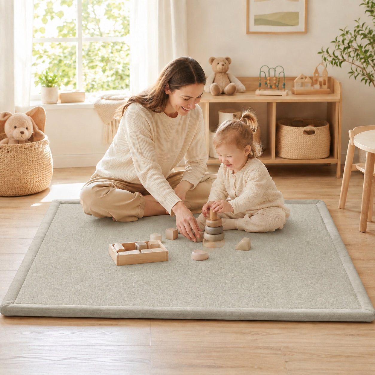Детски Мемори Килим GINGER HOME LOLLA в уютна детска стая, с майка и дете, които играят върху сивия мек килим. 