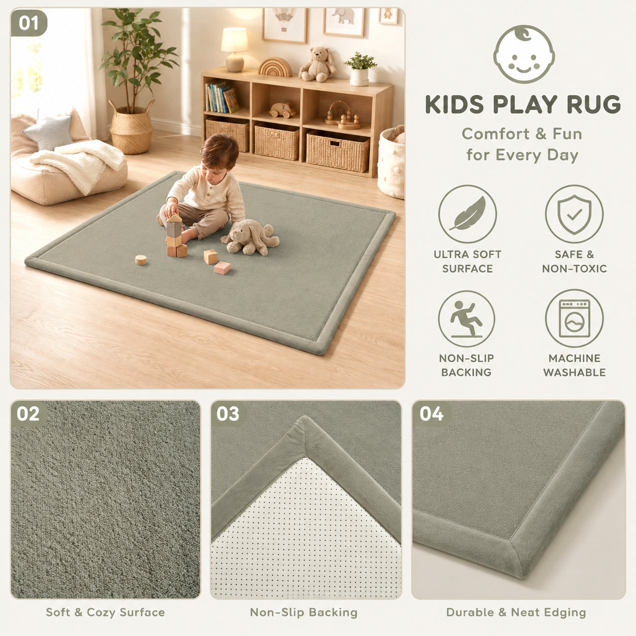 Инфографика за Детски Мемори Килим GINGER HOME LOLLA с ултрамека повърхност, безопасни материали, противохлъзгаща основа и пране в пералня. 