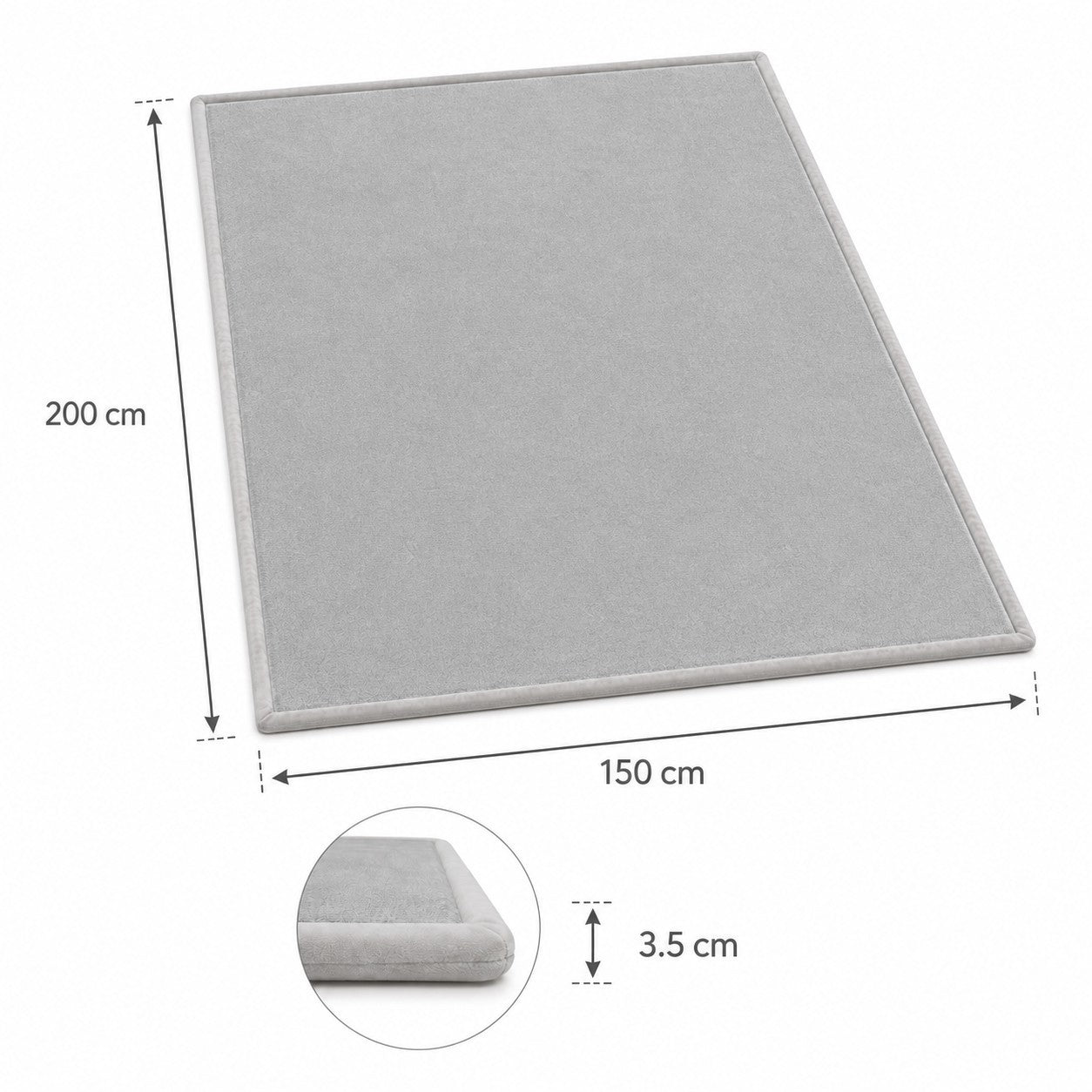 Детски Мемори Килим GINGER HOME LOLLA, 150x200 см, 3,5 см Дебелина, Кадифено Мек Водоустойчив Горен Слой, Мемори Пяна, Противохлъзгаща Основа, Сив