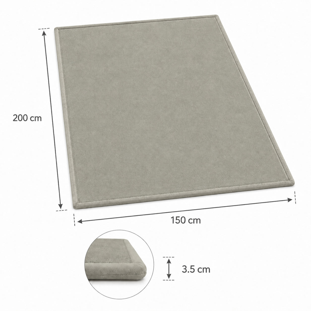 Детски Мемори Килим GINGER HOME LOLLA с размери 150x200 см и 3,5 см дебелина, показан с размерна инфографика. 