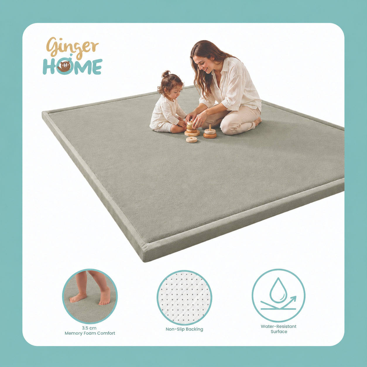 Детски Мемори Килим GINGER HOME LOLLA с мемори пяна, противохлъзгаща основа и водоустойчива повърхност, представен в продуктова инфографика. 