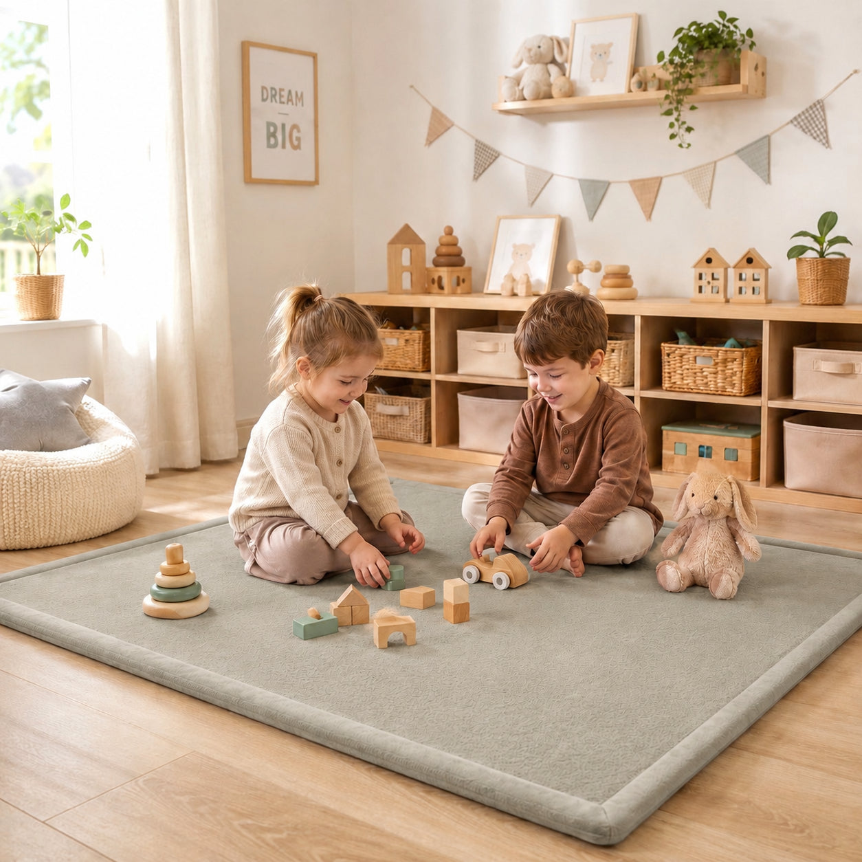 Детски Мемори Килим GINGER HOME LOLLA в детска стая, с две деца, които играят върху сивия мек килим. 