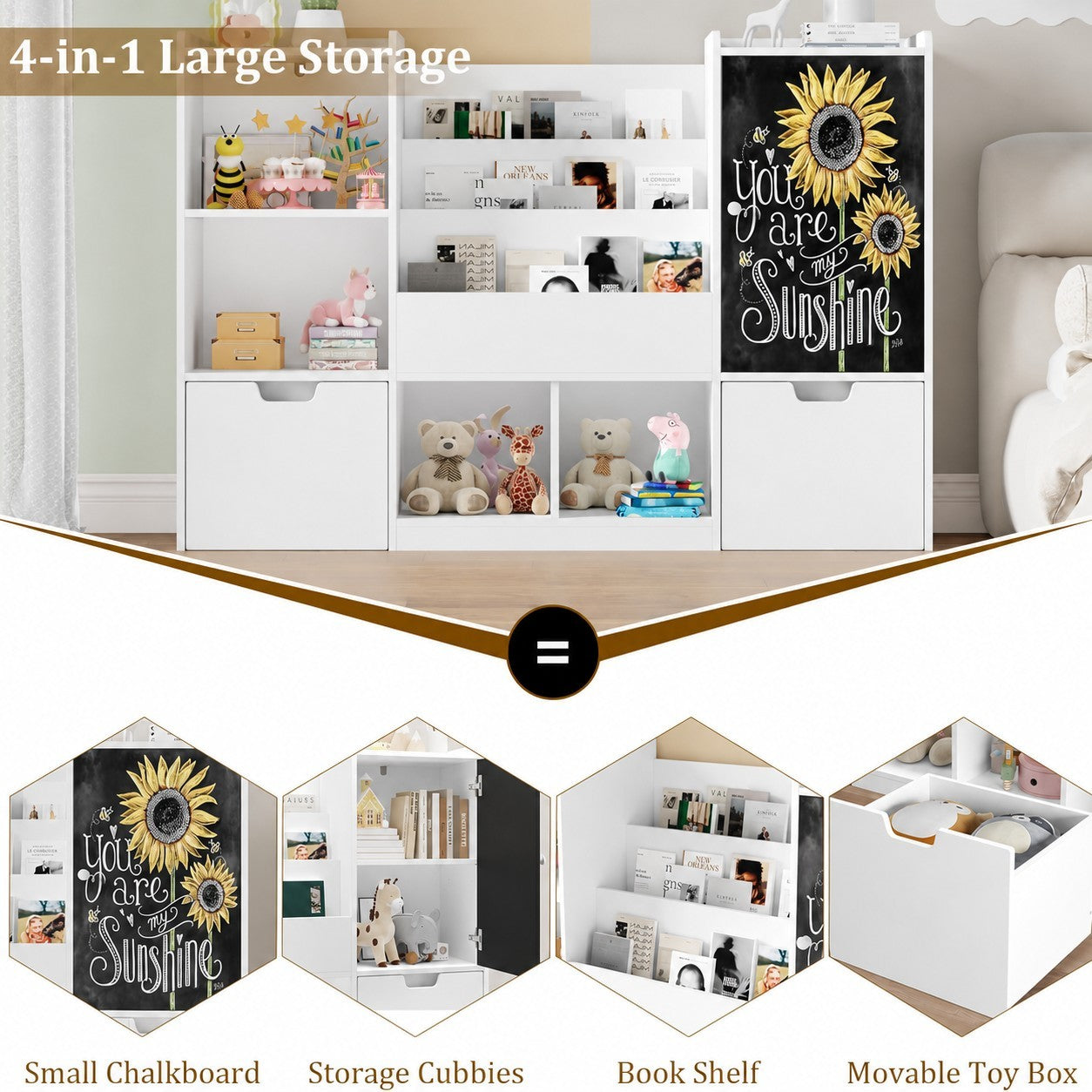 Детски Органайзер за Играчки GINGER HOME с Черна Дъска, Етажерка, 2 Чекмеджета и 6 Отделения, Масивно Дърво и MDF, 140x51x80 см