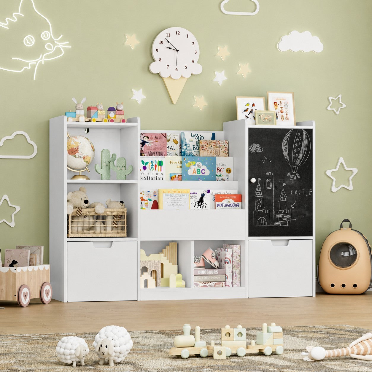 Детски Органайзер за Играчки GINGER HOME с Черна Дъска, Етажерка, 2 Чекмеджета и 6 Отделения, Масивно Дърво и MDF, 140x51x80 см