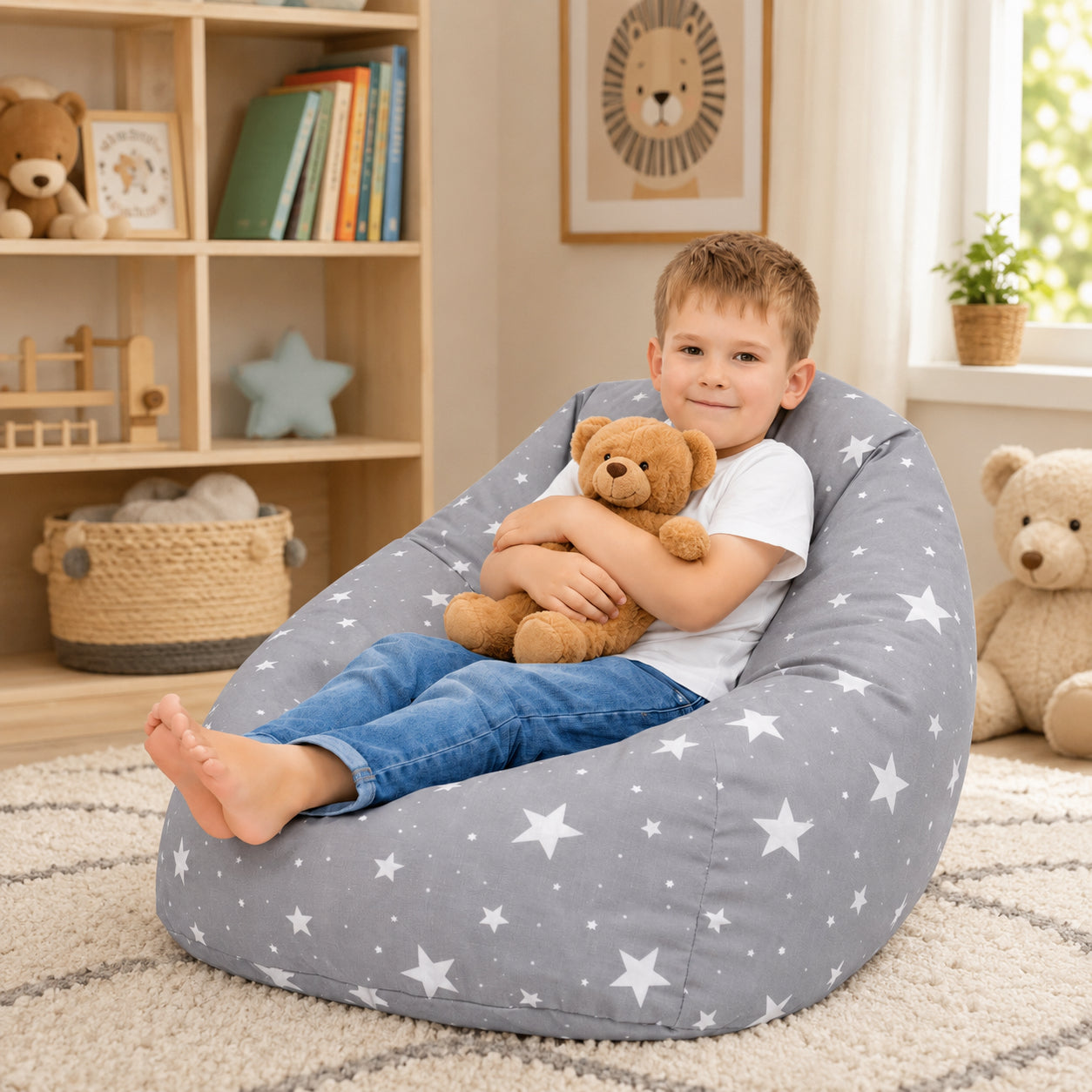 Сив Детски Барбарон GINGER HOME Little Stars В Детска Стая С Момче И Плюшено Мече