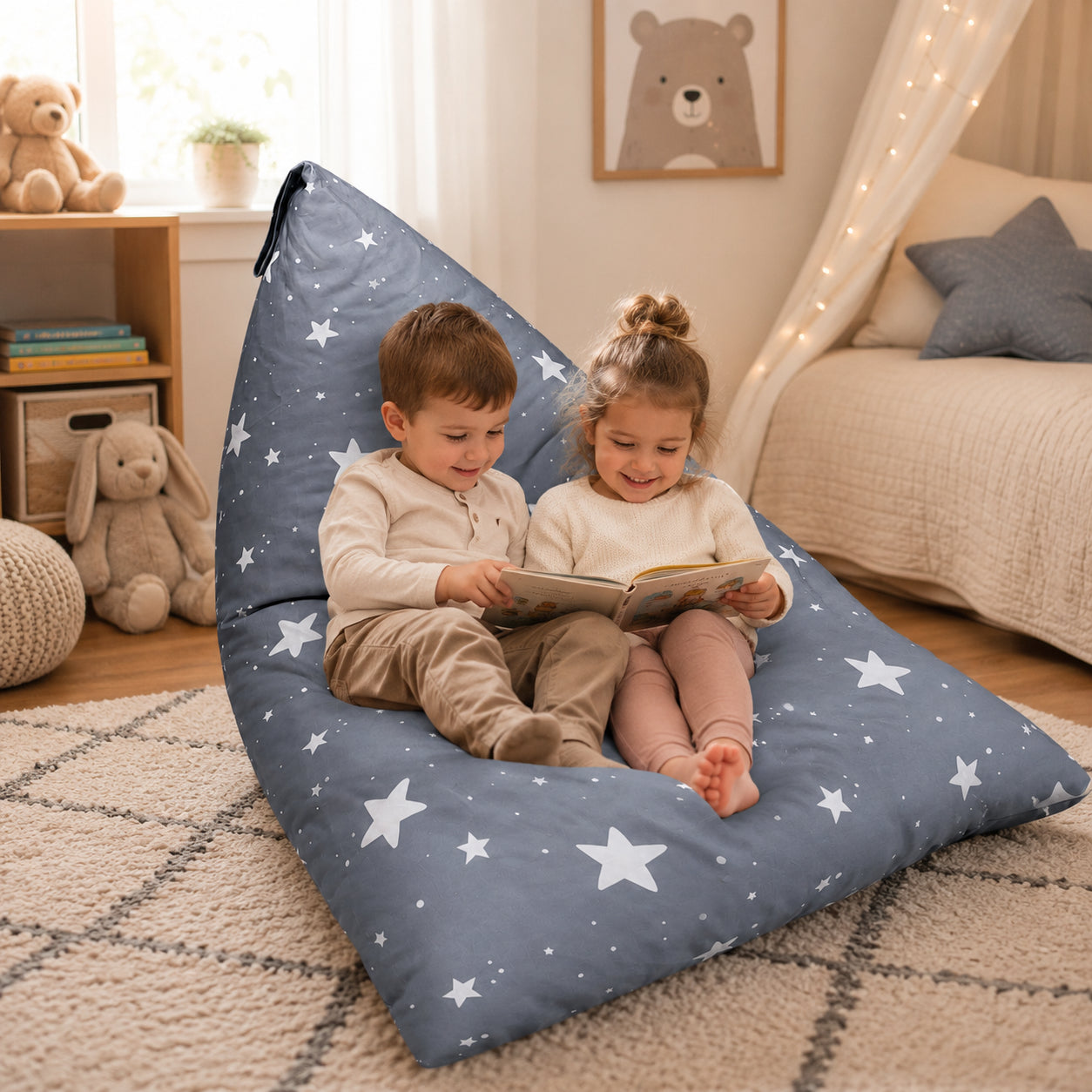 Детски Пуф Лежанка GINGER HOME Little Stars в сив цвят за четене и игра в детска стая