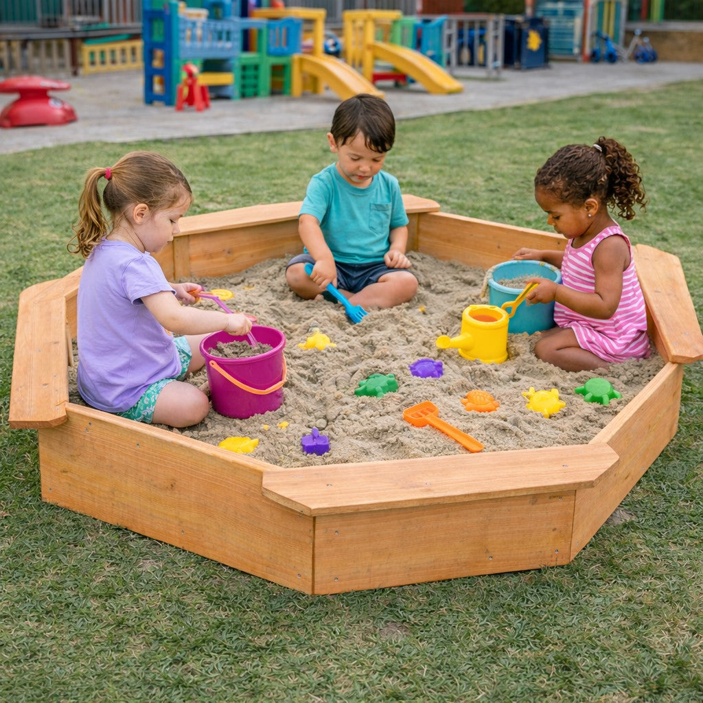 Детски дървен пясъчник GINGER HOME в детска градина с няколко деца