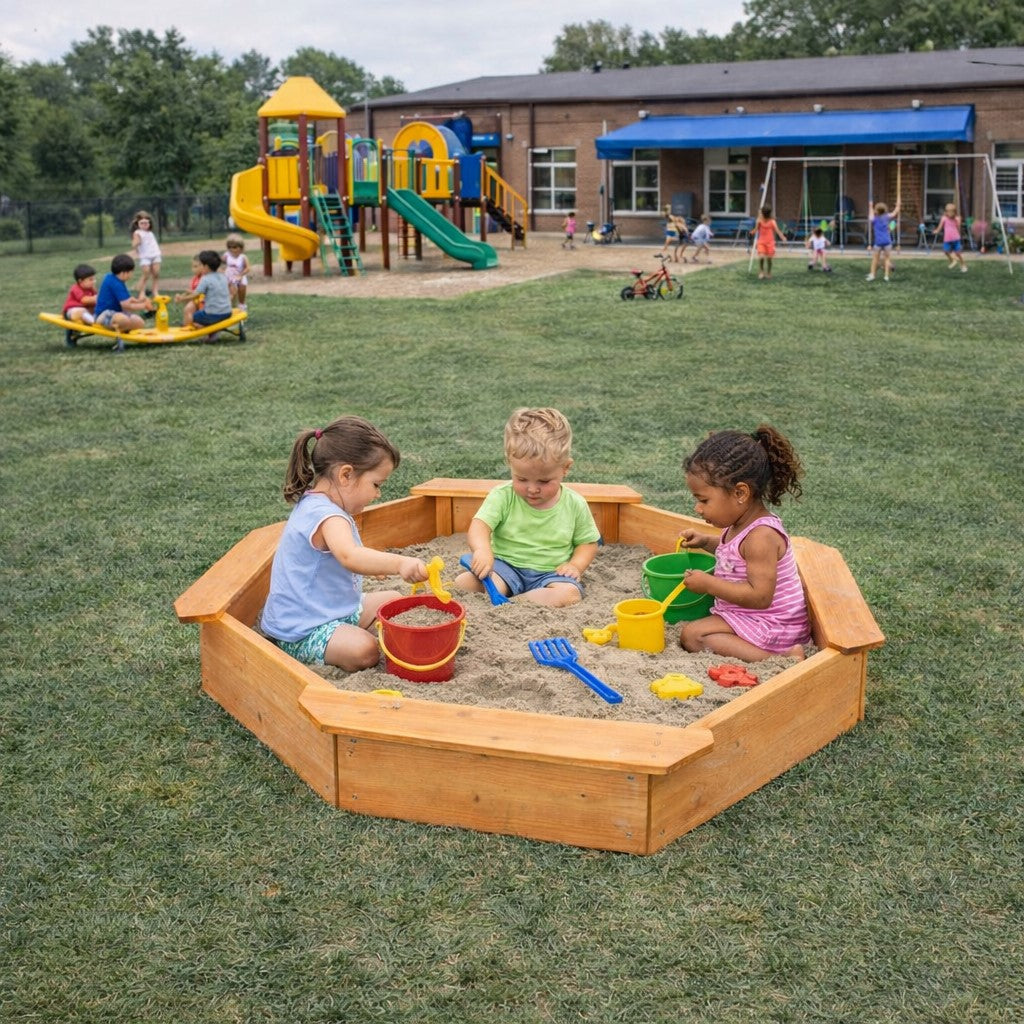 Детски дървен пясъчник GINGER HOME, използван на детска площадка