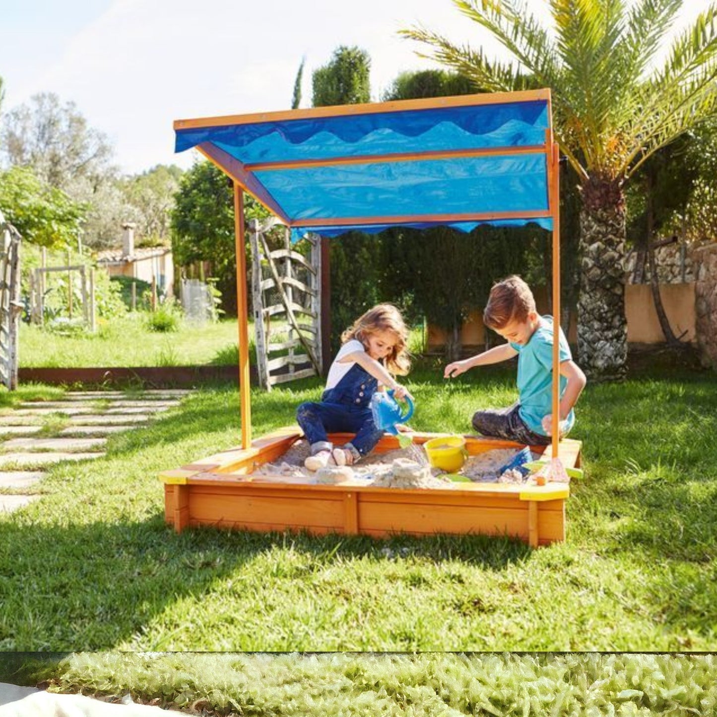 Детски пясъчник GINGER HOME, с регулируемeм, водоустойчив сенник-покривало anti-UV 30, дървен, 117х117 см