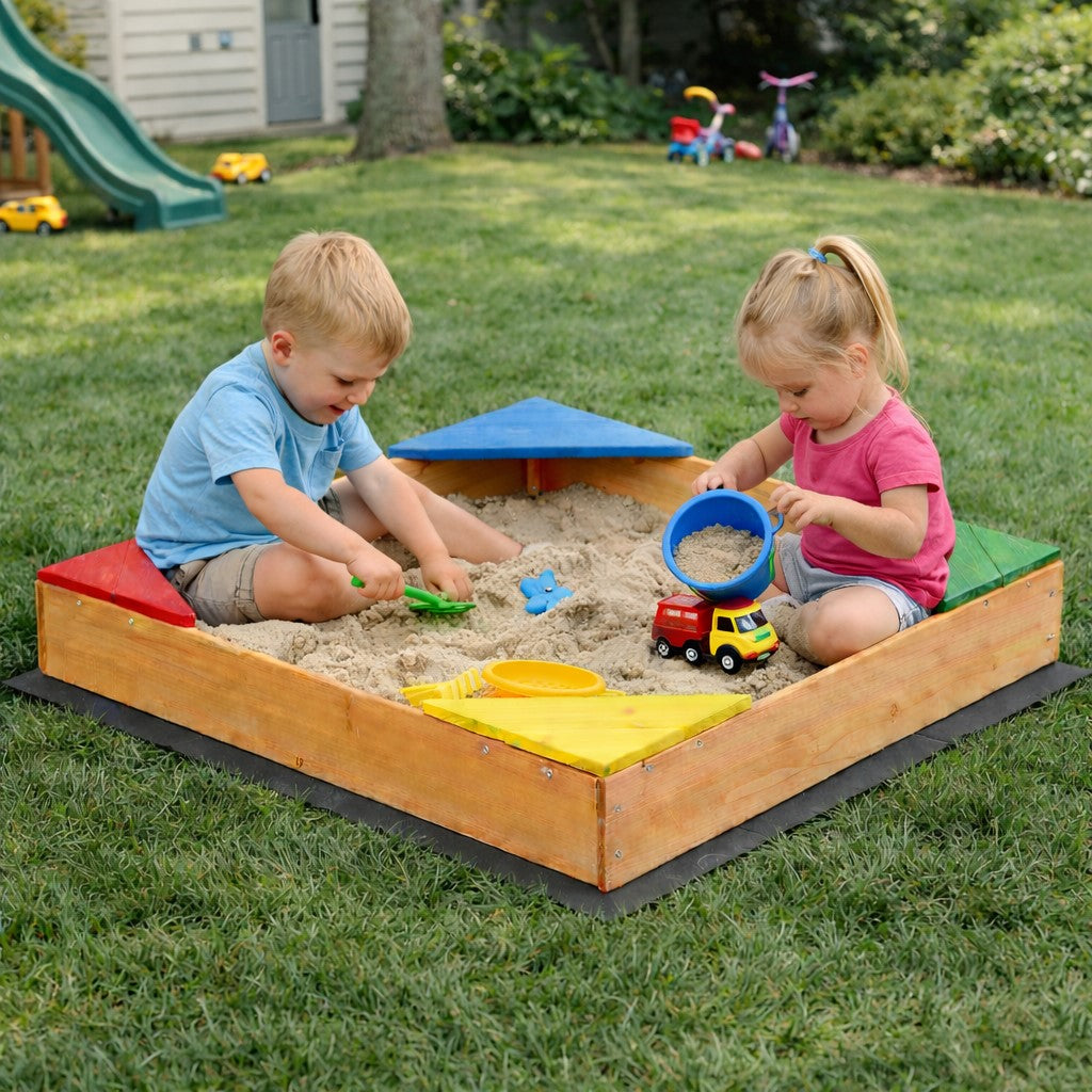 Детски дървен пясъчник за двор с деца, социална игра и споделено забавление