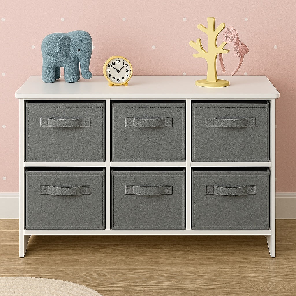 Children's wooden chest of drawers with 6 textile drawers - WHITE/GREY