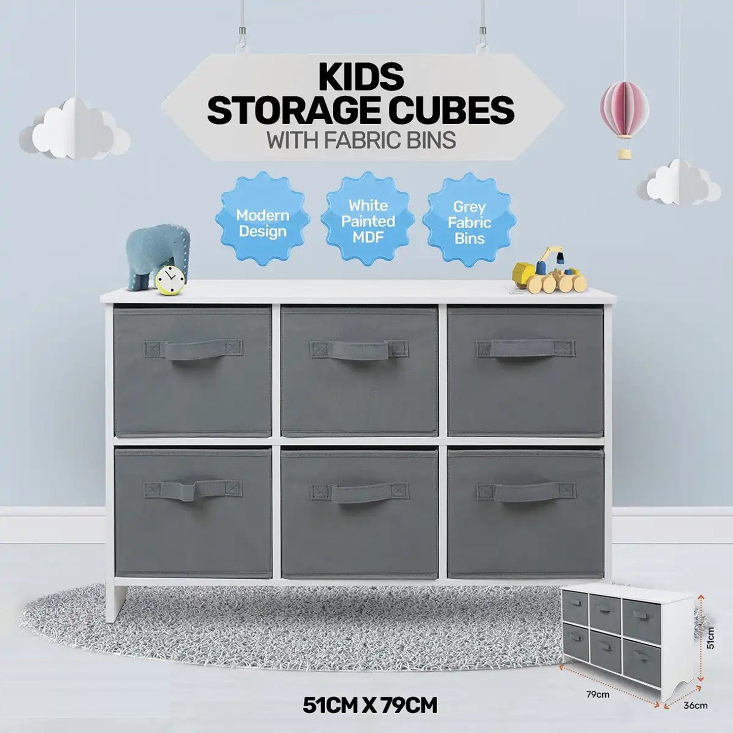 Children's wooden chest of drawers with 6 textile drawers - WHITE/GREY