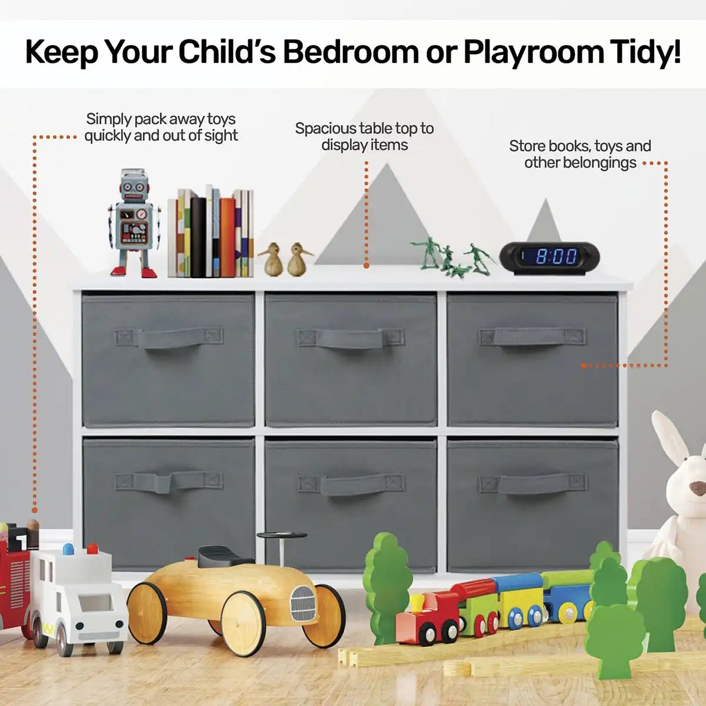 Children's wooden chest of drawers with 6 textile drawers - WHITE/GREY