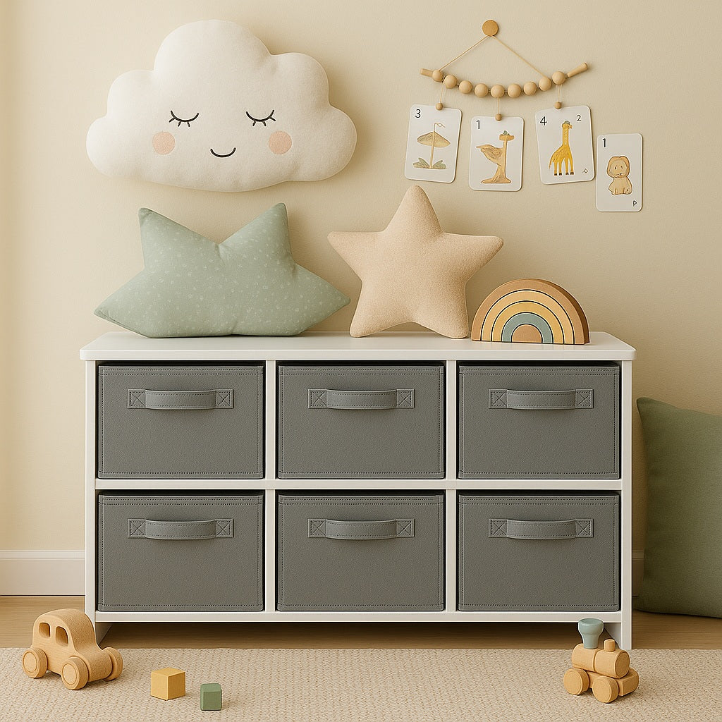Children's wooden chest of drawers with 6 textile drawers - WHITE/GREY