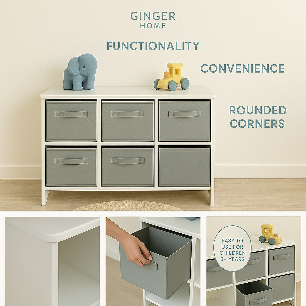 Children's wooden chest of drawers with 6 textile drawers - WHITE/GREY