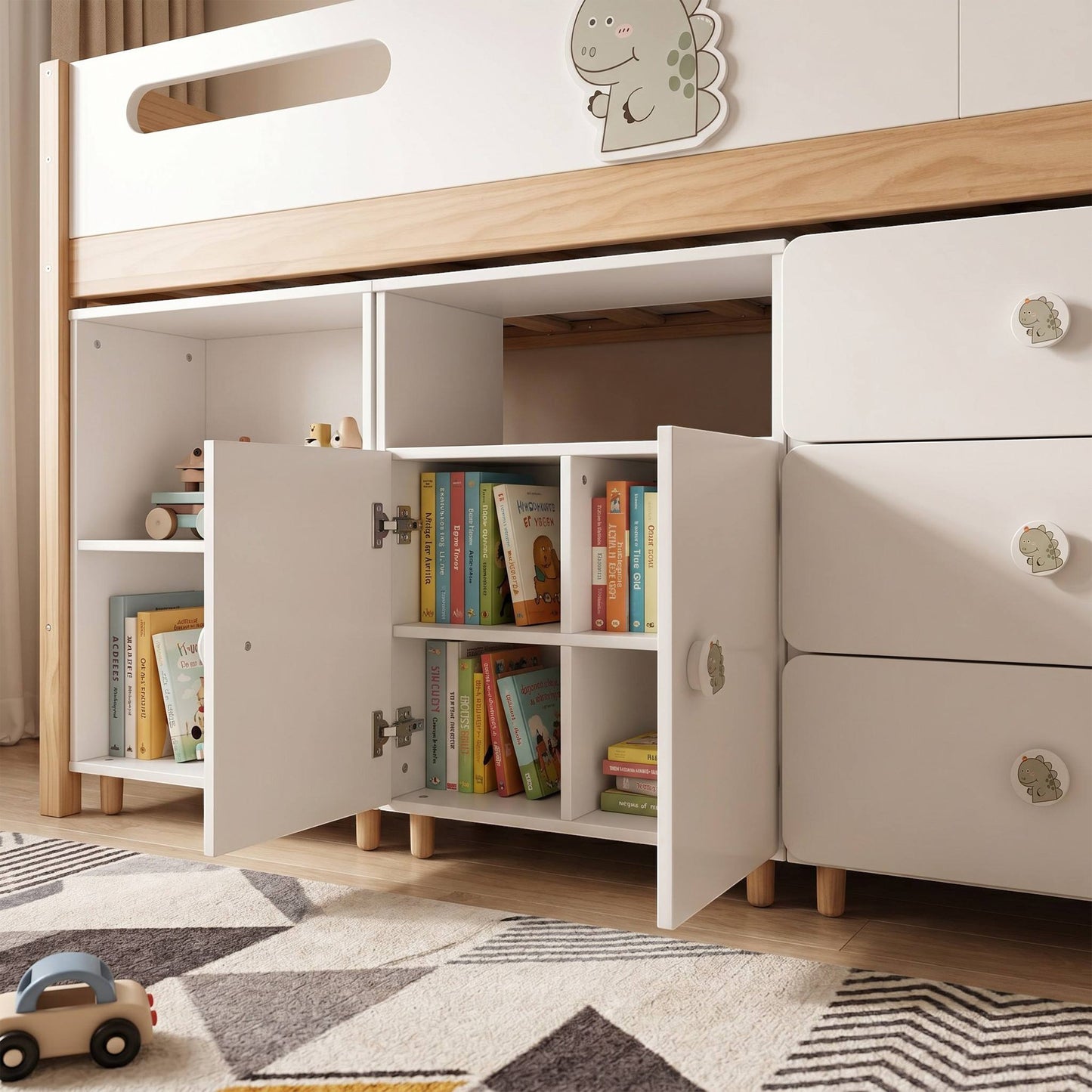 Детски Трикрилен Гардероб GINGER HOME DINO, с Рафтове, Лост за Закачалки и 6 Врати, Бяло, Зелено и Натурално Дърво, 120х60х180 см