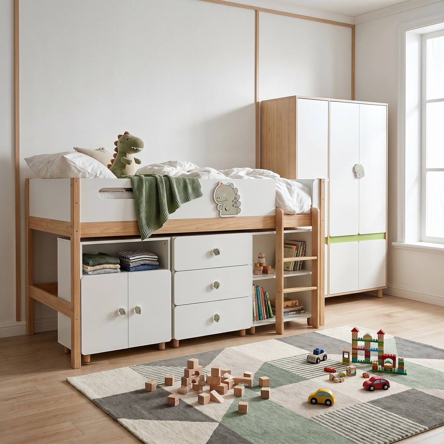 Детски Трикрилен Гардероб GINGER HOME DINO, с Рафтове, Лост за Закачалки и 6 Врати, Бяло, Зелено и Натурално Дърво, 120х60х180 см