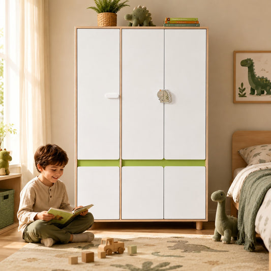Детски гардероб GINGER HOME DINO в стая с дете, което чете книга