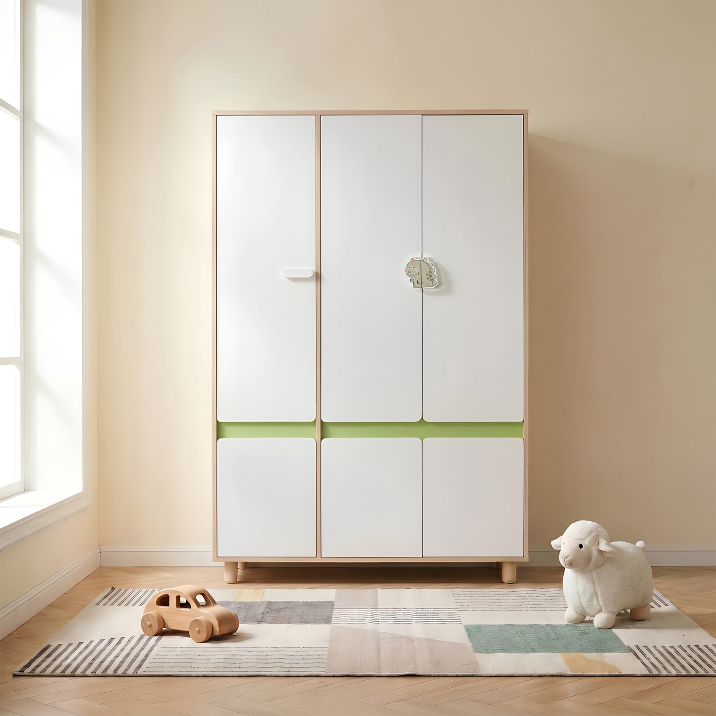 Детски Трикрилен Гардероб GINGER HOME DINO, с Рафтове, Лост за Закачалки и 6 Врати, Бяло, Зелено и Натурално Дърво, 120х60х180 см