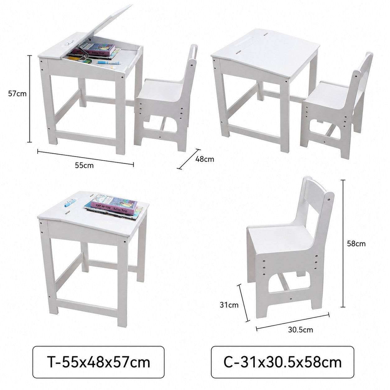 Размери на детско бюро със столче GINGER HOME TF6622 – бюро 55x48x57 см и столче 31x30.5x58 см