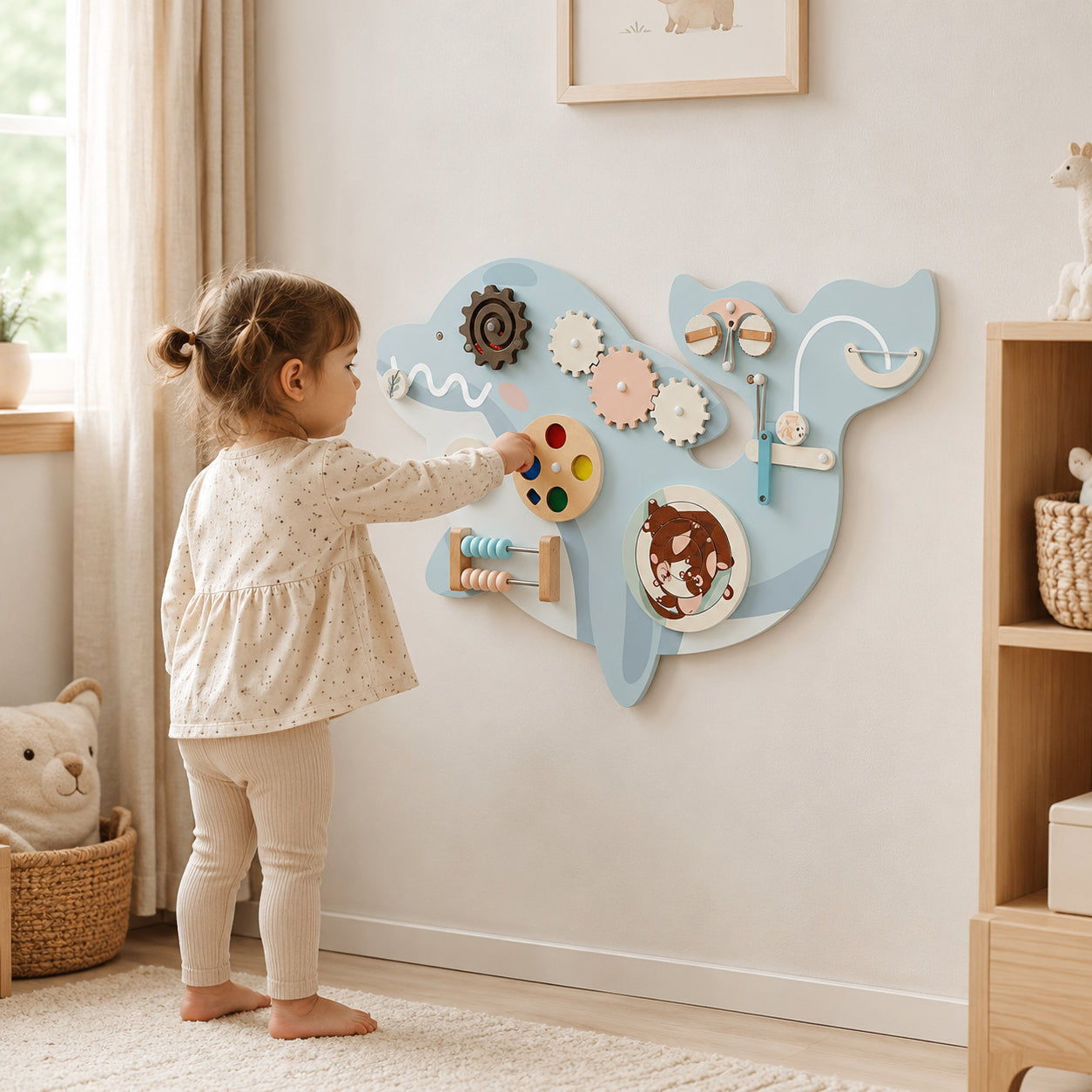 Дете играе с дървен бизиборд делфин GINGER HOME за стена, подходящ за фина моторика и Монтесори развитие
