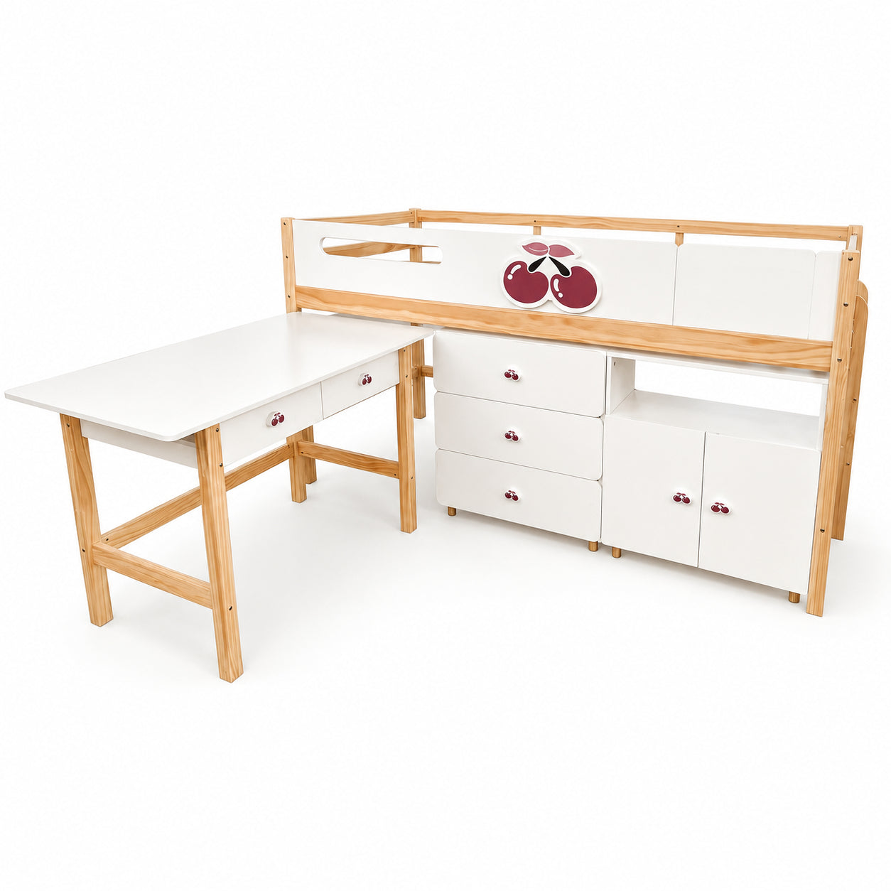 Функционално детско легло с бюро, скрин и шкаф GINGER HOME CHERRY в бяло и дърво