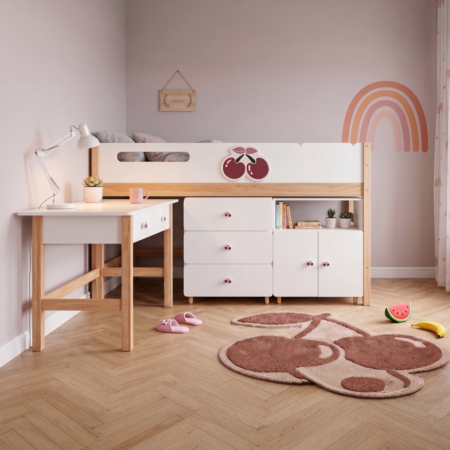 Детско легло с бюро GINGER HOME CHERRY в розова детска стая с черешов дизайн