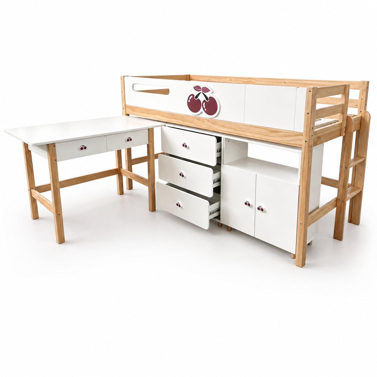 Детско комбинирано легло GINGER HOME CHERRY с бюро, шкаф, скрин и подматрачна рамка 90x200 см