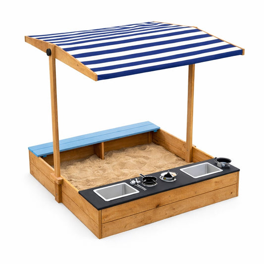 Детски дървен пясъчник 3в1 с кухня, пейка и сенник с UV защита GINGER HOME