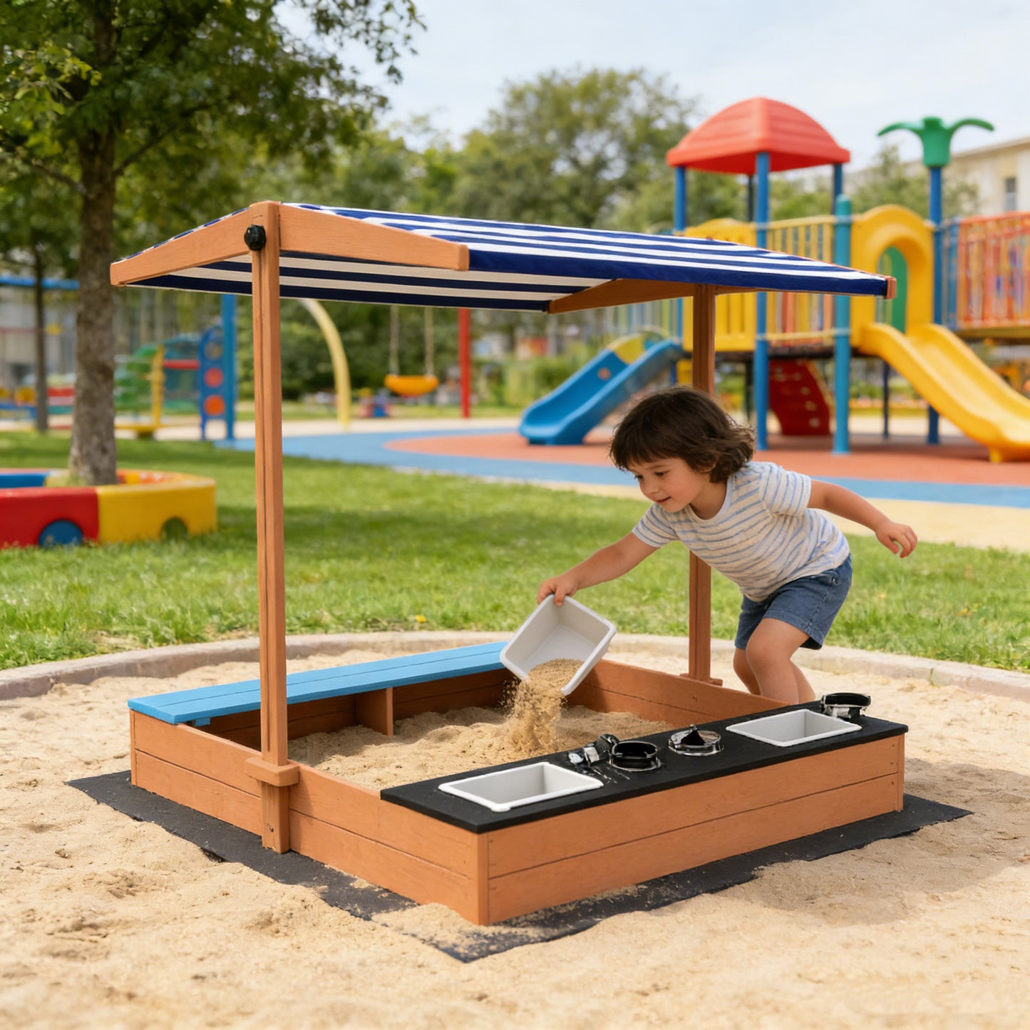 Детски Дървен Пясъчник 3в1 с Кухня, Пейка и Сенник с UV Защита GINGER HOME – Игра на Открито (110x114x110 см)