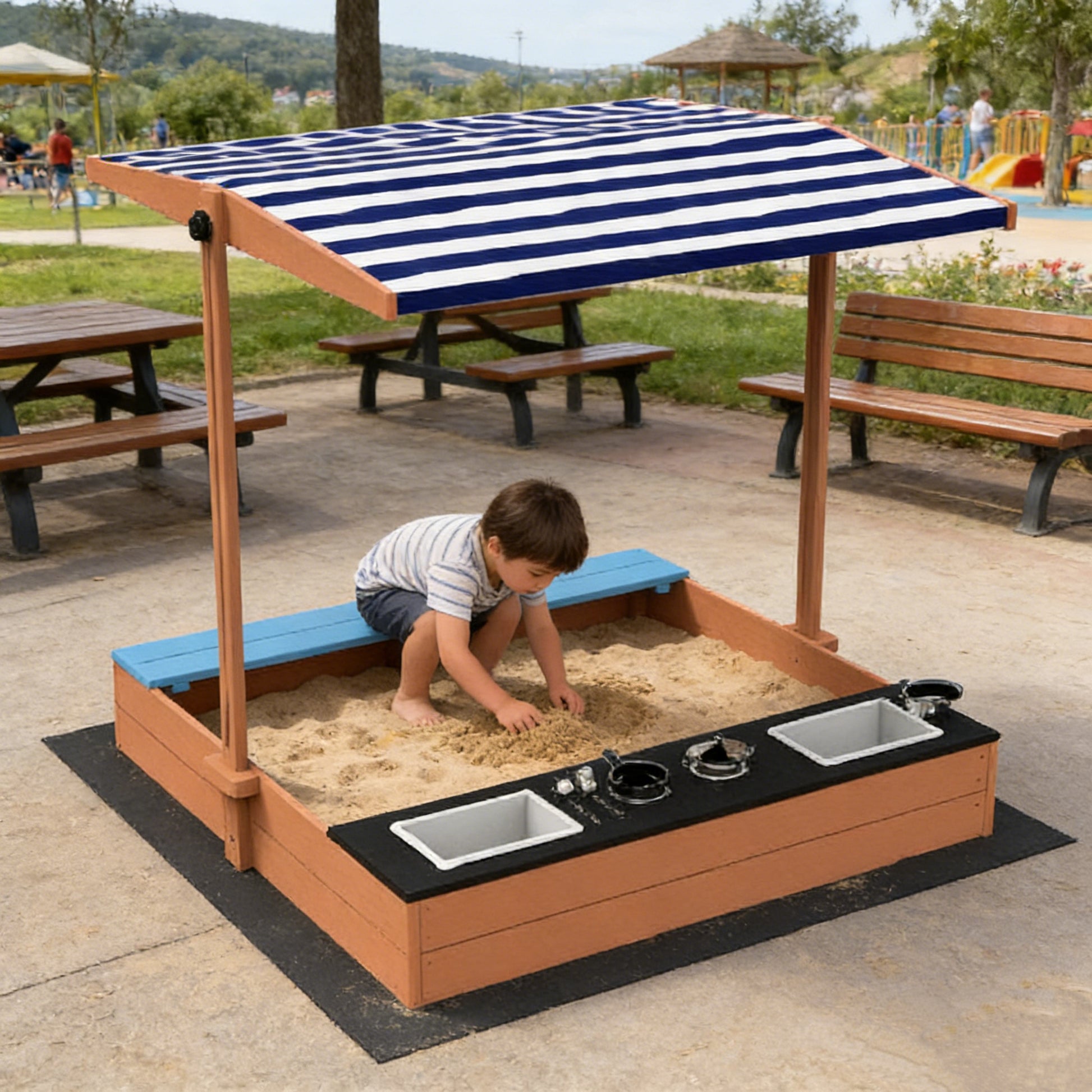 Детайли и текстура на дървен детски пясъчник GINGER HOME