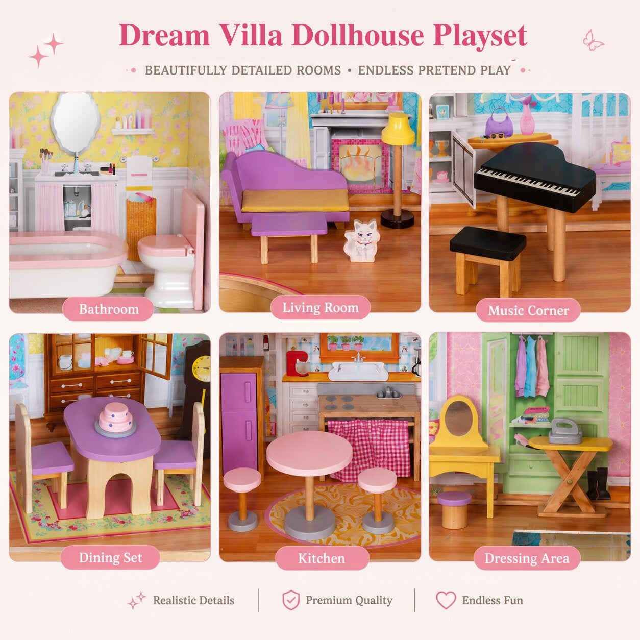 Инфографика на GINGER HOME Grand Villa Dollhouse Playset с баня, дневна, музикален кът, трапезария, кухня и гардеробна зона